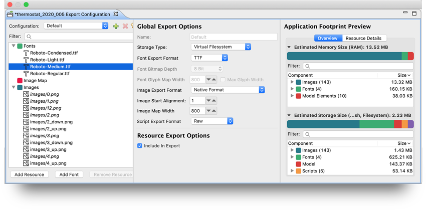 Export configurations window in Crank Storyboard